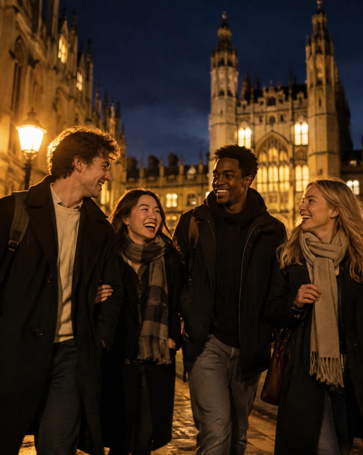 Students walking together outside a lit university building at night